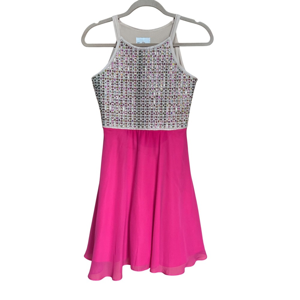 Rare Editions Sequin Halter Neck‎ Party Dress Girls Size 16 Pink Chiffon Skirt - Picture 9 of 11